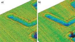 FIGURE 2. Pulse burst parameters for FlexBurst technology affect laser materials processing, as shown by processed lines on stainless steel for a single traverse of the laser beam for two different pulse separations with otherwise identical pulse energies: pulse separation 12 ns (a); 24 ns (b). FIGURE 2. Pulse burst parameters for FlexBurst technology affect laser materials processing, as shown by processed lines on stainless steel for a single traverse of the laser beam for two different pulse separations with otherwise identical pulse energies: pulse separation 12 ns (a); 24 ns (b).