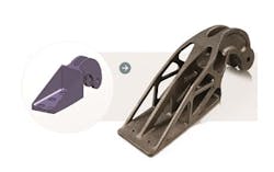 FIGURE 2. Airbus A320 steel-cast nacelle hinge brackets (left) fell short in overall energy consumption and material waste when compared to titanium brackets with optimized topology (right) created using EOS direct metal laser sintering (DMLS) technology. FIGURE 2. Airbus A320 steel-cast nacelle hinge brackets (left) fell short in overall energy consumption and material waste when compared to titanium brackets with optimized topology (right) created using EOS direct metal laser sintering (DMLS) technology.