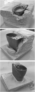 FIGURE 4. The release steps are shown after laser sintering of a sanitary toilet prototype made of porcelain using the Layerwise Slurry Deposition (LSD) process. FIGURE 4. The release steps are shown after laser sintering of a sanitary toilet prototype made of porcelain using the Layerwise Slurry Deposition (LSD) process.