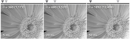 FIGURE 1. Each panel shows the same object imaged with an increasing exposure, but scaled for identical display; above each image is the minimum and maximum on the full intensity scale. The mean intensity in ADUs (and photons) is shown in the top left of each image. The first image only uses a fraction of the camera's dynamic range, but is still visually acceptable. Although the images look similar, image-scaling can deceive, possibly resulting in the use of an image with fewer photons and therefore lower signal to noise.