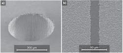 FIGURE 5. Glass hole drilling (a) and thin-film scribing (b) are demonstrated by a 0.5 mJ femtosecond fiber laser. 1 mJ and beyond power levels will further improve micromachining outcomes.