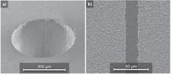 FIGURE 5. Glass hole drilling (a) and thin-film scribing (b) are demonstrated by a 0.5 mJ femtosecond fiber laser. 1 mJ and beyond power levels will further improve micromachining outcomes. FIGURE 5. Glass hole drilling (a) and thin-film scribing (b) are demonstrated by a 0.5 mJ femtosecond fiber laser. 1 mJ and beyond power levels will further improve micromachining outcomes.