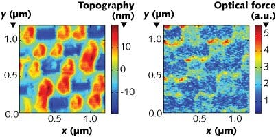 Oscillating a scanning near-field optical probe at two different frequencies&mdash;one driven electrically to provide positional feedback and the other one by modulating the electromagnetic fields acting on it&mdash;allows simultaneous mapping of the topography (a) and optical forces (b) across the surface of a gold nanosphere lithography sample.