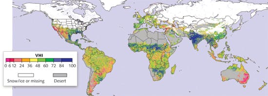 FIGURE 1. NOAA&apos;s Vegetation Health Index (VHI) maps display color-coded vegetation health data (ranging from 0 to 100 with green values of 50 indicating fair conditions and below 40 indicating vegetation stress or drought) derived from visible, near-infrared, and thermal satellite imaging data.