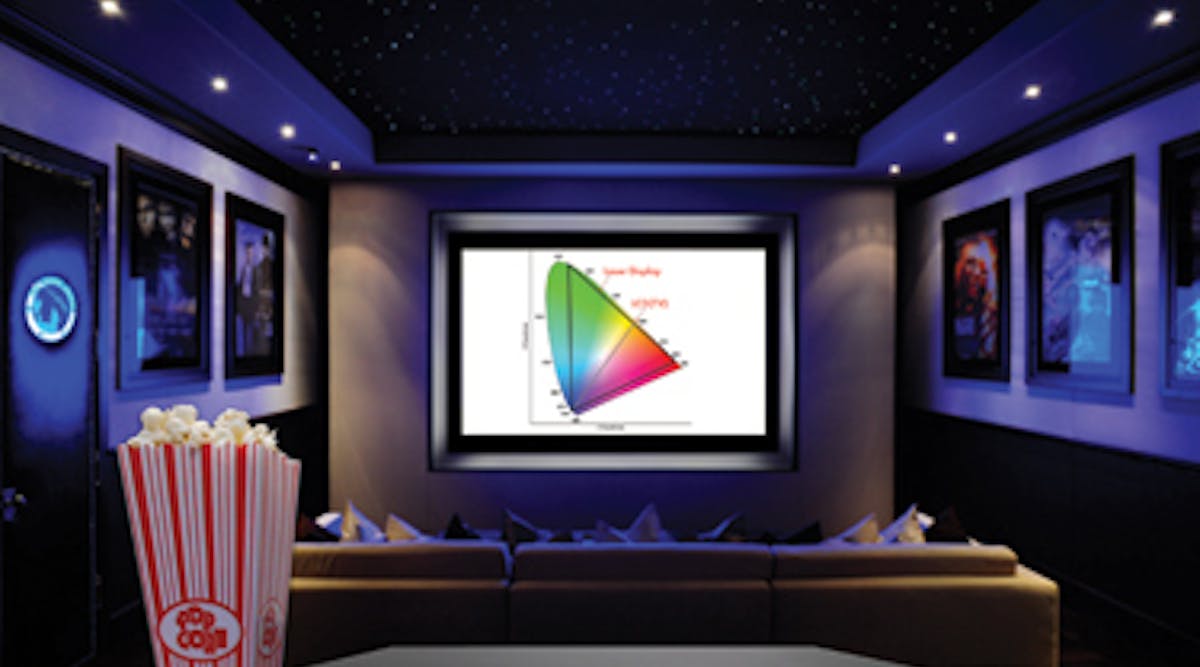 FIGURE 1. An iLLUMINA RGB laser projector containing red- and blue-emitting LDs is shown in a home-theater mockup; this product, which produces a wider color gamut than conventional projectors, will be sized up for movie-cinema use.