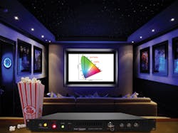FIGURE 1. An iLLUMINA RGB laser projector containing red- and blue-emitting LDs is shown in a home-theater mockup; this product, which produces a wider color gamut than conventional projectors, will be sized up for movie-cinema use. FIGURE 1. An iLLUMINA RGB laser projector containing red- and blue-emitting LDs is shown in a home-theater mockup; this product, which produces a wider color gamut than conventional projectors, will be sized up for movie-cinema use.