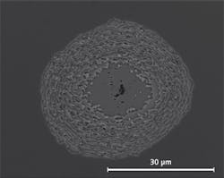 FIGURE 1. A scanning electron microscope image shows a damage site on a highly reflective multilayer coating that was subject to multiple 500 fs irradiations at 1030 nm. After initiation by a coating defect (that was located at the center of the image), the damage grew under successive irradiations until all the layers of the coatings had been removed. FIGURE 1. A scanning electron microscope image shows a damage site on a highly reflective multilayer coating that was subject to multiple 500 fs irradiations at 1030 nm. After initiation by a coating defect (that was located at the center of the image), the damage grew under successive irradiations until all the layers of the coatings had been removed.