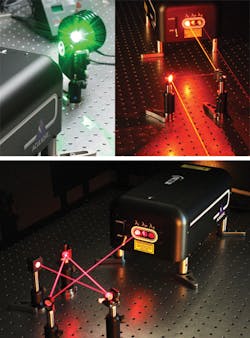 FIGURE 2. Combining optical parametric oscillation, single-harmonic generation, and sum-frequency generation nonlinear processes within a single periodically poled nonlinear crystal allows the infrared beam from a fiber laser to be frequency-converted to provide wavelengths throughout the visible spectrum. FIGURE 2. Combining optical parametric oscillation, single-harmonic generation, and sum-frequency generation nonlinear processes within a single periodically poled nonlinear crystal allows the infrared beam from a fiber laser to be frequency-converted to provide wavelengths throughout the visible spectrum.