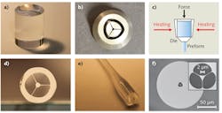 FIGURE 1. In the extrusion process, a glass billet (a) is melted and forced through an extrusion die (b) to create (c) a glass preform (d) representative of the die shape. The preform is then overclad with a glass tube and drawn (e) into smaller fibers such as this suspended-core fiber (f) design shown by a scanning-electron microscope image. FIGURE 1. In the extrusion process, a glass billet (a) is melted and forced through an extrusion die (b) to create (c) a glass preform (d) representative of the die shape. The preform is then overclad with a glass tube and drawn (e) into smaller fibers such as this suspended-core fiber (f) design shown by a scanning-electron microscope image.
