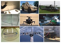 FIGURE 3. Examples of ALON transparent ceramic components and their applications (top row: transparent armor; middle: sensor and reconnaissance windows; bottom: mid-IR optics for missiles and countermeasures). FIGURE 3. Examples of ALON transparent ceramic components and their applications (top row: transparent armor; middle: sensor and reconnaissance windows; bottom: mid-IR optics for missiles and countermeasures).