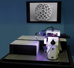 FIGURE 3. C180 fullerene-like polymer microstructures for rheology and cell scaffold research (top) are fabricated using Nanoscribe's Photonic Professional GT 3D printer (bottom). FIGURE 3. C180 fullerene-like polymer microstructures for rheology and cell scaffold research (top) are fabricated using Nanoscribe's Photonic Professional GT 3D printer (bottom).