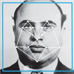 FIGURE 1. Vintage mug shot of Al Capone (U.S. Dept. of Justice; Wikimedia) with face key points. Face recognition relies on identifying the key points, such as the corners of the eyes and mouth, the tips of the nose and mouth, and points on the chin and eyebrows. Some identification points are widely used; others are used only in certain algorithms. With 3D sensors, faces can be mapped similarly in these dimensions.