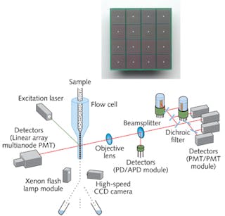 FIGURE 2. A flow-cytometry setup relies on APDs as well as photomultipliers (PMTs) and conventional photodiodes (PDs) for measurement. A multi-pixel photon counter (MPPC; inset) detector has multiple cells electrically connected in parallel.