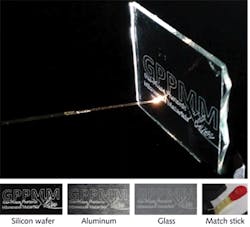 FIGURE 5. A fiber laser 'pen' (top) consisting of USP laser light delivered by an HC-PCF engraves a silica wafer, aluminum, a glass sheet, and a match stick. FIGURE 5. A fiber laser 'pen' (top) consisting of USP laser light delivered by an HC-PCF engraves a silica wafer, aluminum, a glass sheet, and a match stick.