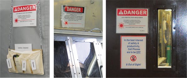 FIGURE 2. Various images show proper laser safety signage and equipment on a typical shop floor.