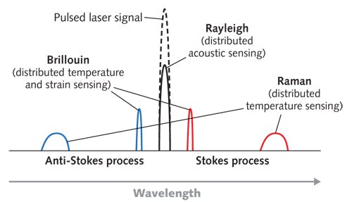 FIGURE 1. Examples of Rayleigh, Brillouin, and Raman scattering peaks relative to the wavelength of the input light signal.