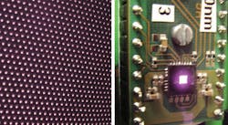 FIGURE 4. A VCSEL-based illuminator projects a pattern of spots that can be used to capture depth information in a 3D scene. An 8 W VCSEL array (inset) is only 1.5 mm square. FIGURE 4. A VCSEL-based illuminator projects a pattern of spots that can be used to capture depth information in a 3D scene. An 8 W VCSEL array (inset) is only 1.5 mm square.