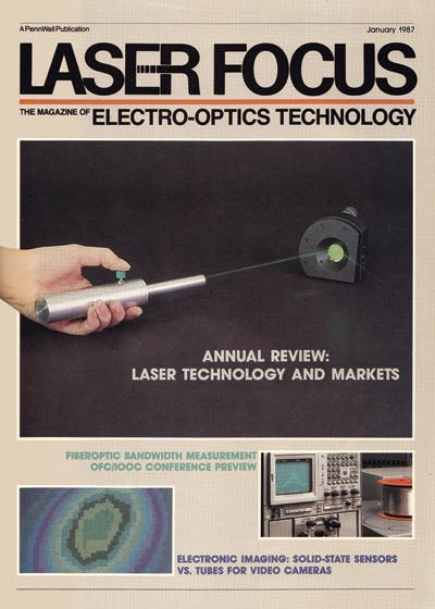 FIGURE 3. The January 1987 cover shows frequency doubling at the Amoco Research Center to make a handheld green solid-state laser.