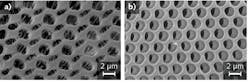 FIGURE 9. Without active damping, nanostructures fabricated at MIT were irregular (a). Turning on the active damping system produced the more regular patterns (b).