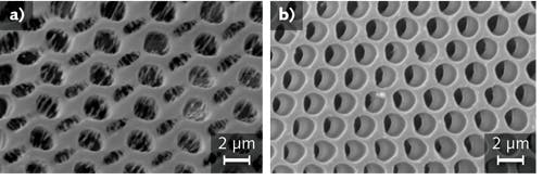 FIGURE 3. In a nanostructure fabrication and imaging experiment carried out by Steven Koo of MIT on a Newport SmartTable, results are shown for two attempts, one without (a) and the other with (b) the active damping enabled.