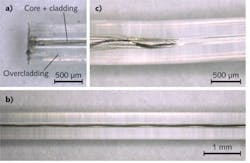 FIGURE 3. A digital micrograph shows the POF end at which the fuse was initiated (a), the path of the fuse in the POF (b), and the point at which the fuse was terminated by decreasing the optical input power (c). FIGURE 3. A digital micrograph shows the POF end at which the fuse was initiated (a), the path of the fuse in the POF (b), and the point at which the fuse was terminated by decreasing the optical input power (c).