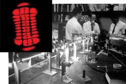 Alan White (center) with two colleagues and a more powerful version of the red He-Ne laser at Bell Labs in 1963 and (inset) the output beam from the original red He-Ne laser operating in a high-order transverse mode.
