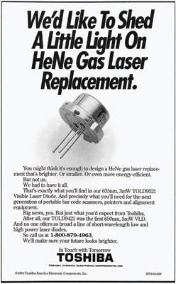 FIGURE 4. A Toshiba ad from January 1995 showed diode lasers had reached 635 nm, perhaps a cause of slowing He-Ne sales.