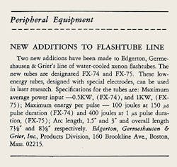 FIGURE 2. Two water-cooled flashlamps from EG&amp;G were among the new products in our January 1, 1965 issue.