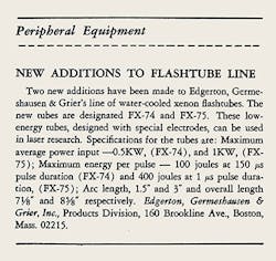FIGURE 2. Two water-cooled flashlamps from EG&G were among the new products in our January 1, 1965 issue. FIGURE 2. Two water-cooled flashlamps from EG&G were among the new products in our January 1, 1965 issue.