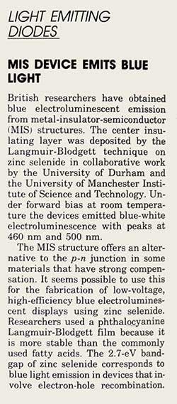 FIGURE 5. Experiments described in our July 1987 issue suggested that metal-insulator-semiconductor structures might work better than conventional p-n junctions. FIGURE 5. Experiments described in our July 1987 issue suggested that metal-insulator-semiconductor structures might work better than conventional p-n junctions.