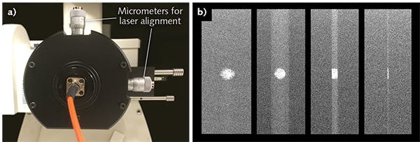 FIGURE 4. The backside of the microscope shows the micrometers on the laser port illuminator used to align the laser beam as it enters the microscope (a). The laser spot changes as the spectrometer&apos;s slit is closed (b).
