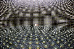 FIGURE 4. Water starts to fill the tank of the Super-Kamiokande neutrino observatory, covering some photomultipliers. FIGURE 4. Water starts to fill the tank of the Super-Kamiokande neutrino observatory, covering some photomultipliers.