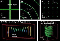 FIGURE 2. Examples of fluorescent structures that can be made by ultrashort laser lithography inside Argoglass photosensitive glass: Straight (a) and curved (b) lines, matrices of dots (c), structures of different lengths at different depths (d), and helices (e). All images were acquired with a confocal fluorescence microscope. FIGURE 2. Examples of fluorescent structures that can be made by ultrashort laser lithography inside Argoglass photosensitive glass: Straight (a) and curved (b) lines, matrices of dots (c), structures of different lengths at different depths (d), and helices (e). All images were acquired with a confocal fluorescence microscope.