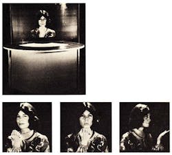 FIGURE 4. Pam Brazier blows a kiss and winks at the viewer walking around a multiplex hologram. FIGURE 4. Pam Brazier blows a kiss and winks at the viewer walking around a multiplex hologram.