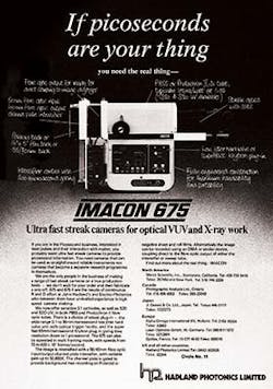 FIGURE 5. A full-page ad in the August 1977 issue from Hadland-Photonics Ltd. offered picosecond streak cameras for optical, vacuum ultraviolet, or x-ray wavelengths. FIGURE 5. A full-page ad in the August 1977 issue from Hadland-Photonics Ltd. offered picosecond streak cameras for optical, vacuum ultraviolet, or x-ray wavelengths.