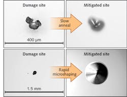 FIGURE 1. Laser-system optics can be damaged from repeated exposure to high-peak-power laser pulses: (left panels) damaged optic surface; and (right panels) repaired, or mitigated site. The upper panel shows the result of a 'slow annealing' process, while the lower panel shows a 'rapid microshaping' technique, currently employed at NIF. Several repair techniques have been developed at LLNL with the aim of extending the useable life of the optics. FIGURE 1. Laser-system optics can be damaged from repeated exposure to high-peak-power laser pulses: (left panels) damaged optic surface; and (right panels) repaired, or mitigated site. The upper panel shows the result of a 'slow annealing' process, while the lower panel shows a 'rapid microshaping' technique, currently employed at NIF. Several repair techniques have been developed at LLNL with the aim of extending the useable life of the optics.