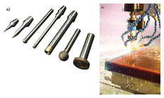 FIGURE 1. A selection of diamond-tipped machining tools is used for shaping nonmetallic component for optical systems (a); an edge of a nonmetallic component is beveled (b).