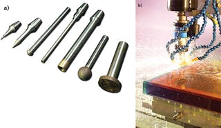 FIGURE 1. A selection of diamond-tipped machining tools is used for shaping nonmetallic component for optical systems (a); an edge of a nonmetallic component is beveled (b).
