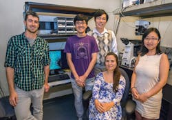 (L-R) Samuel Kenny, Zhengyang Zhang, Ke Xu, Margaret Hauser, and Wan Li have invented a new technology to image single molecules with unprecedented spectral and spatial resolution.