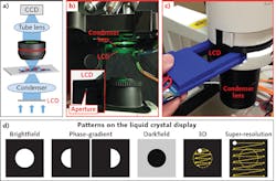 FIGURE 1. The schematic of the proposed platform, where an LCD is placed at the back focal plane of the condenser lens (a), and the experimental setups for an upright (b) and inverted (c) microscope. Different patterns can be set on the LCD for achieving different microscopy imaging modalities (d). FIGURE 1. The schematic of the proposed platform, where an LCD is placed at the back focal plane of the condenser lens (a), and the experimental setups for an upright (b) and inverted (c) microscope. Different patterns can be set on the LCD for achieving different microscopy imaging modalities (d).