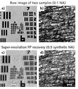 FIGURE 4. Raw images—of a USAF resolution target (a) and a mouse brain section (b)—are starting points for super-resolution Fourier ptychographic imaging using the LCD-based scheme. Corresponding processed images of the two samples depict recovered super-resolution output (c, d). FIGURE 4. Raw images—of a USAF resolution target (a) and a mouse brain section (b)—are starting points for super-resolution Fourier ptychographic imaging using the LCD-based scheme. Corresponding processed images of the two samples depict recovered super-resolution output (c, d).