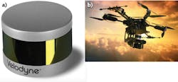 FIGURE 3. Miniature lidar systems like the Velodyne VLP-16 (a) are powerful enough for low-altitude aerial mapping with this eight-rotor UAV (b). FIGURE 3. Miniature lidar systems like the Velodyne VLP-16 (a) are powerful enough for low-altitude aerial mapping with this eight-rotor UAV (b).