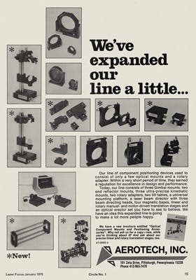 FIGURE 3. By January 1975, optical positioning equipment had become an important business, as this ad from Aerotech in the issue described an &apos;optical erector set&apos; for holding components.
