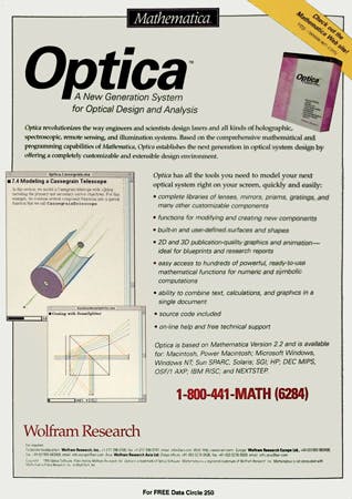 FIGURE 2. A 24-page software section in the October 1995 issue advertised Wolfram Research&apos;s Optica, an optical design and analysis system based on its Mathematica computer algebra program.