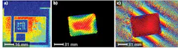 FIGURE 4. From the computed modulus of the field from a USAF 1951 target placed in the laser beam, the computed image (a) shows spatial accuracy of the MCI technique at about 1.5 mm. From the computed phase change of the laser when a standard glass plate placed in the optical path (c), achieved accuracy is 0.1 λ compared to the transmission function measured with a Zygo interferometer (b). FIGURE 4. From the computed modulus of the field from a USAF 1951 target placed in the laser beam, the computed image (a) shows spatial accuracy of the MCI technique at about 1.5 mm. From the computed phase change of the laser when a standard glass plate placed in the optical path (c), achieved accuracy is 0.1 λ compared to the transmission function measured with a Zygo interferometer (b).