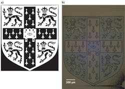 Maskless holographic lithography produces a photoresist image (b) of a black-and-white representation of the University of Cambridge's crest (a). Maskless holographic lithography produces a photoresist image (b) of a black-and-white representation of the University of Cambridge's crest (a).