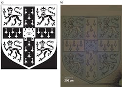 Maskless holographic lithography produces a photoresist image (b) of a black-and-white representation of the University of Cambridge&apos;s crest (a).