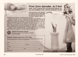 FIGURE 2. In the April 1974 issue, Optical Sciences Group advertised Fresnel and spherical plastic lenses ranging from 3 mm to 3 ft in diameter. FIGURE 2. In the April 1974 issue, Optical Sciences Group advertised Fresnel and spherical plastic lenses ranging from 3 mm to 3 ft in diameter.