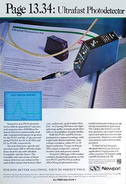 FIGURE 2. Commercial version of a 7 ps photodiode with spectral response of 400–900 nm, as advertised by Newport in the March 1995 issue. FIGURE 2. Commercial version of a 7 ps photodiode with spectral response of 400–900 nm, as advertised by Newport in the March 1995 issue.