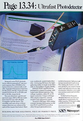 FIGURE 2. Commercial version of a 7 ps photodiode with spectral response of 400&ndash;900 nm, as advertised by Newport in the March 1995 issue.